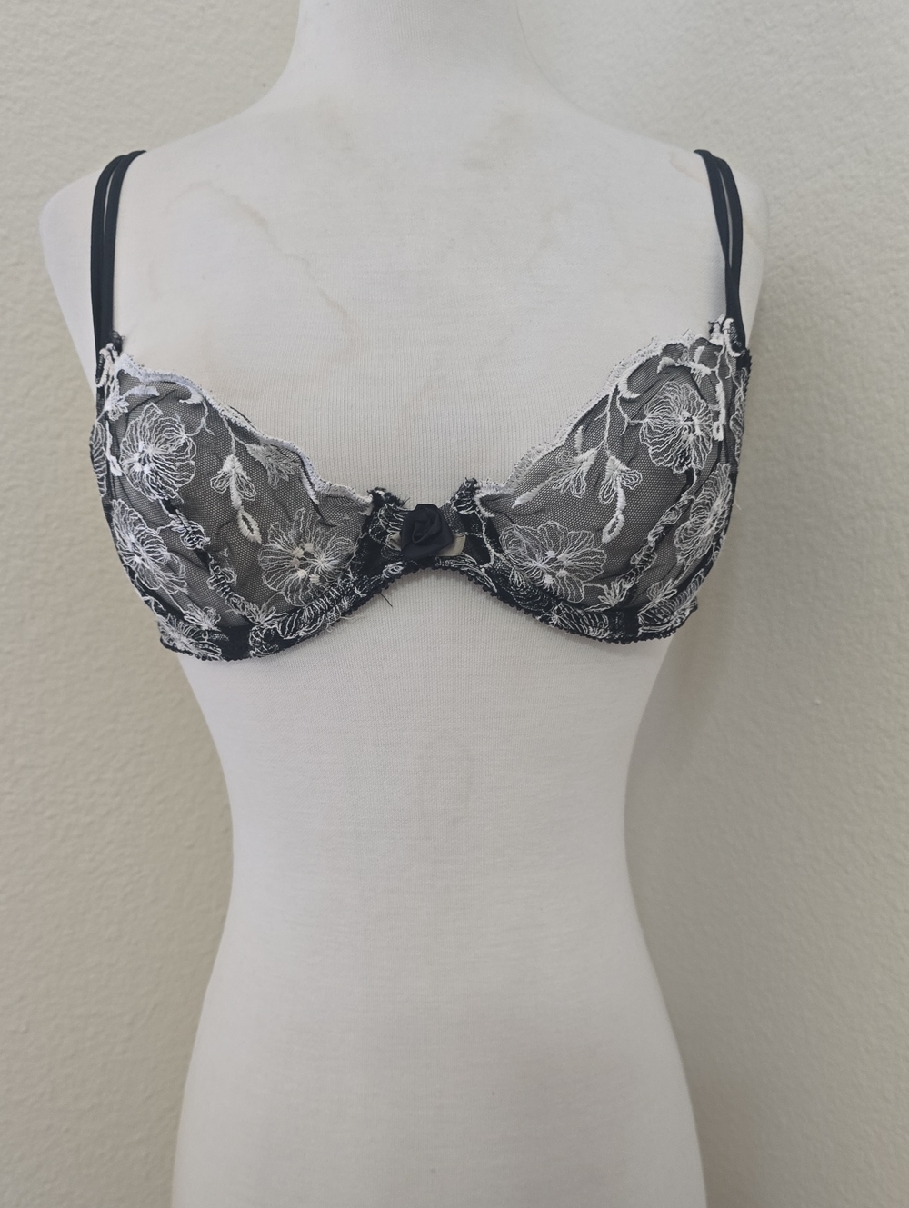 On Gossamer Black Sheer Lace Underwire Bra with White Floral Embroidery